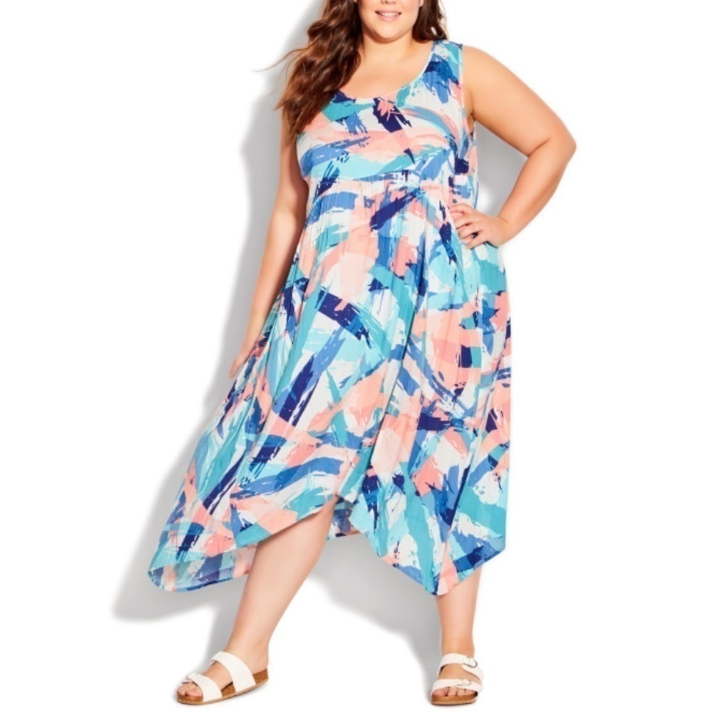 AVENUE 22W-32W Blue Brushstroke Kylee Crush Midi Dress L22.10